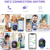 Collage of images showing a purple smartwatch for kids, demonstrating its features like voice calling, voice chat, video calls, and SMS messaging, with families and children interacting with the device. Produktbild-Vorschau