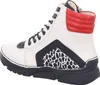 A side view of a white, black, and red high-top sneaker with an animal print accent. Náhled obrázku produktu