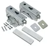 A set of two metal hinges and mounting hardware, including screws and plastic plates, is displayed against a white background. Produktbild-Vorschau