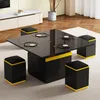 A modern dining set with a black table and four black stools with yellow accents, set on a light gray rug. Voir les images du produit