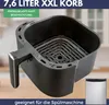 A close-up of an air fryer basket with text overlays and a smaller image of the air fryer unit. Produktbild-Vorschau