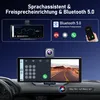 A car dashboard with a large screen display showing navigation and a phone interface, with a dashcam mounted on top. Produktbild-Vorschau
