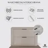 A marketing image for a bathroom vanity cabinet, highlighting its features with icons and text. Produktbild-Vorschau
