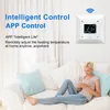 A woman is using her smartphone while sitting on a couch, with a smart thermostat mounted on the wall in the background. Produktbild-Vorschau