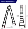 Diagrams showing the dimensions of a ladder in different configurations. Produktbild-Vorschau