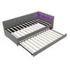 A gray upholstered daybed with a pull-out trundle bed is shown against a white background. The headboard has built-in compartments with purple LED lighting. Podgląd zdjęcia produktu