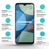 A Fairphone 4 smartphone is shown with various feature callouts and descriptions in German and English. Produktbild-Vorschau