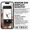 A hand holding a cracked smartphone screen with promotional text about screen protectors. Produktbild-Vorschau