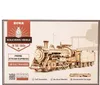 The image shows the packaging of a wooden model train kit, with the assembled model prominently displayed. Podgląd zdjęcia produktu