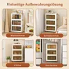 A collage of four images showing a white and brown storage box with transparent doors in different room settings: living room, bedroom, kitchen, and wardrobe. Voir les images du produit