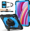A collage of images showing a blue and black tablet case from different angles, including a close-up of the back with a stand and strap, and a separate image of the case with a lanyard attached. Voir les images du produit