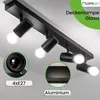 A black ceiling lamp with four adjustable spotlights is shown, with close-up insets of the E27 socket and the aluminum material. Voir les images du produit