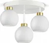 A white ceiling light fixture with three glass globe shades and gold accents. Produktbild-Vorschau