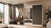 A bedroom scene featuring a large wardrobe with mirrored doors and a dressing table with a chair. Produktbild-Vorschau