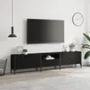 A black TV stand with a drawer and cabinets, with a TV mounted on the wall above it. Náhľad obrázku produktu