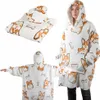 Collage of a wearable blanket with a corgi pattern, showing it folded, worn by a person from the front, and worn by a person from the back. Anteprima dell’immagine prodotto