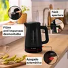 A black Bosch electric kettle is shown on a wooden countertop, with close-up insets highlighting its features. Podgląd zdjęcia produktu