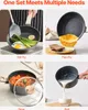 A collage of four images showing different uses of a cookware set: stir-frying, pan-frying, stewing, and boiling. Anteprima dell’immagine prodotto