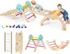 A collage of images showing a wooden indoor climbing set for children, with children playing on it in one image and different components of the set displayed separately in others. Voir les images du produit