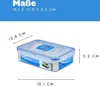 A clear plastic food storage container with dimensions indicated by text and lines. Voir les images du produit