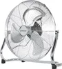 A chrome-plated floor fan is shown in a studio setting. Voir les images du produit