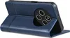 A blue leather flip case for a smartphone is shown from the back, with the phone's camera module visible. Produktbild-Vorschau