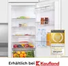 An open refrigerator with various food items inside, along with a German customer award badge and a Kaufland logo at the bottom. Produktbild-Vorschau