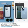 A collage showing a waterproof phone case with a phone inside, and another phone next to it, with travel items and text about compatibility. Náhľad obrázku produktu