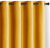 A close-up view of a mustard yellow curtain hanging from a black curtain rod. Produktbild-Vorschau