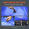 Close-up shots of a blue water storage bladder, highlighting its inlet and outlet ports and their dimensions. Text overlays explain the features. Voir les images du produit
