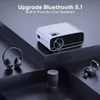 A white projector is displayed on a dark, multi-tiered surface, alongside headphones, a speaker, and earbuds. Produktbild-Vorschau