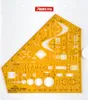 A yellow drafting triangle ruler with various geometric shapes and measurement markings, presented on a white background. Náhľad obrázku produktu