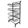 A black metal kitchen cart with four wire baskets and a wooden handle, shown against a white background. Podgląd zdjęcia produktu