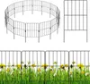 A black metal garden fence is shown in a circular arrangement and as individual panels, with a separate image showing the fence in a grassy area with flowers. Produktbild-Vorschau