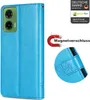 A blue phone case is shown with a close-up of its magnetic closure and embossed design. Produktbild-Vorschau