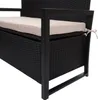 Close-up of a black poly-rattan bench with a beige cushion. Voir les images du produit