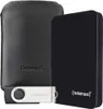 A black external hard drive and a silver USB flash drive are displayed next to a black protective sleeve. Produktbild-Vorschau