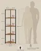 A diagram showing the dimensions of a corner shelf unit with silhouettes of two people for scale, and a USB connection detail. Produktbild-Vorschau