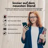 A woman is looking at her phone while holding some documents, with text and icons on the left side of the image highlighting product features. Produktbild-Vorschau