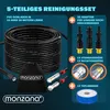A marketing image showcasing a cleaning set with a hose, adapters, nozzles, and teflon tape. Produktbild-Vorschau