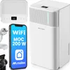 A collage of a white dehumidifier, a smartphone displaying product information, and a power plug with a cable. Voir les images du produit