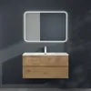 A modern bathroom vanity with a wooden cabinet and a white sink, mounted on a dark gray wall. Produktbild-Vorschau
