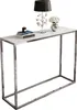 A console table with a white glass top and a chrome frame, decorated with a lamp, books, and a vase of flowers. Produktbild-Vorschau