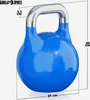 A blue kettlebell with silver handle, shown with dimensions indicated by dashed lines and text labels. Produktbild-Vorschau