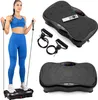 A woman is using a vibration plate machine with resistance bands, and there are separate images of the vibration plate machine and its accessories. Produktbild-Vorschau