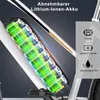 A close-up view of an electric bicycle battery pack with glowing green cells, mounted on the frame of a white e-bike. Text overlays provide product specifications. Produktbild-Vorschau