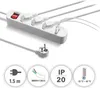 A white power strip with a red switch and multiple plugs, along with icons indicating cable length, wire type, IP rating, and temperature range. Produktbild-Vorschau