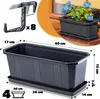 A product image showing a black planter with dimensions and a close-up of a planter hook. Podgląd zdjęcia produktu