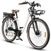 A white electric bicycle with a front basket and rear rack, shown against a white background. Produktbild-Vorschau