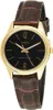 A close-up studio shot of a gold-tone Casio watch with a black face and a brown leather strap. Produktbild-Vorschau
